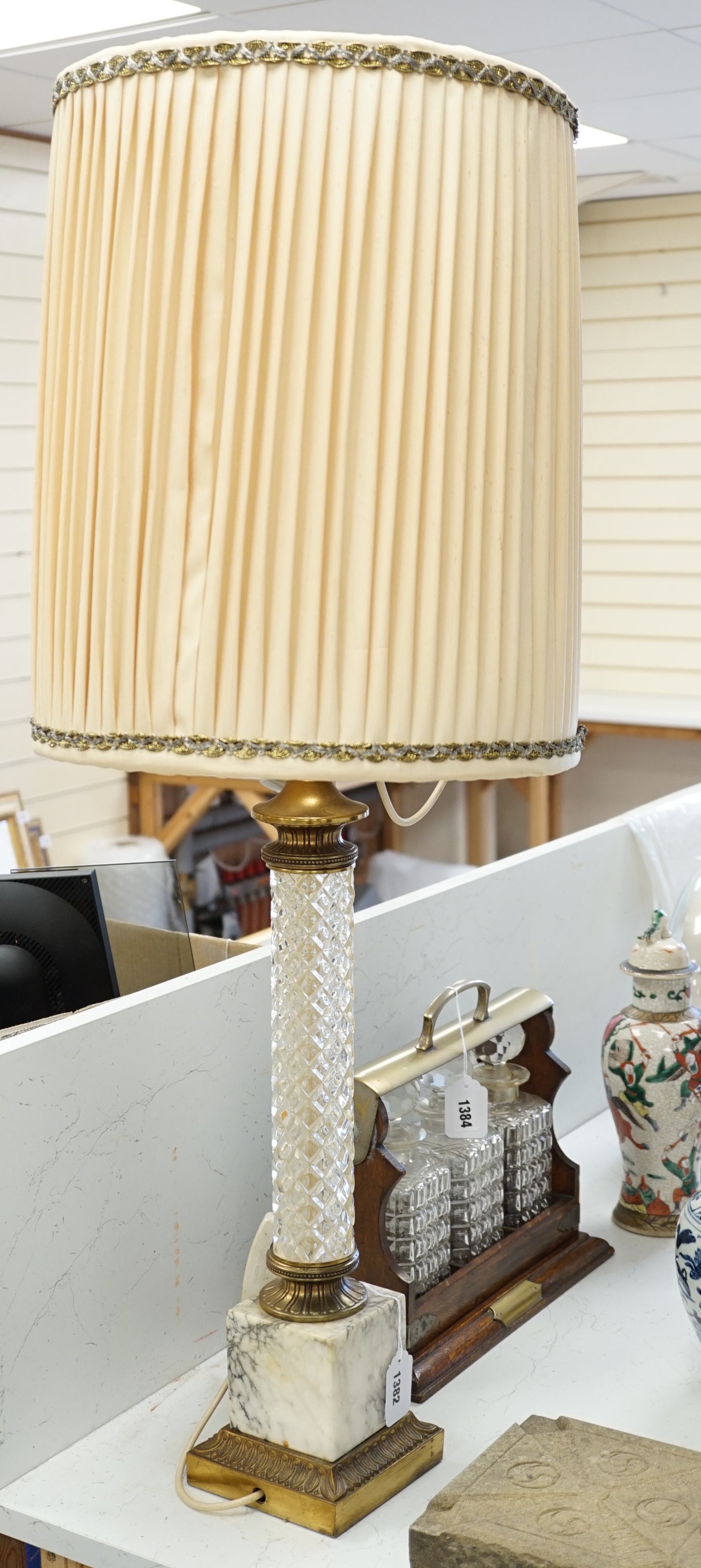 An early 20th century brass, glass and marble column lamp base and shade, 101cm total. Condition - fair to good, not tested